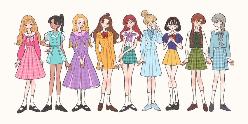 elsa, anna, ariel, rapunzel, snow white, and 4 more (frozen and 9 more) drawn by rikuwo