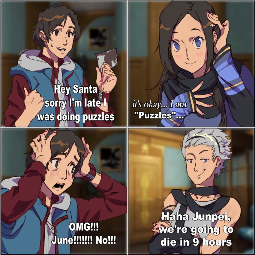 kurashiki akane, junpei, and santa (kyokugen dasshutsu and 1 more) drawn by kansokusha