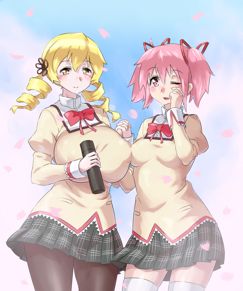 kaname madoka and tomoe mami (mahou shoujo madoka magica) drawn by mizuumi_(bb)