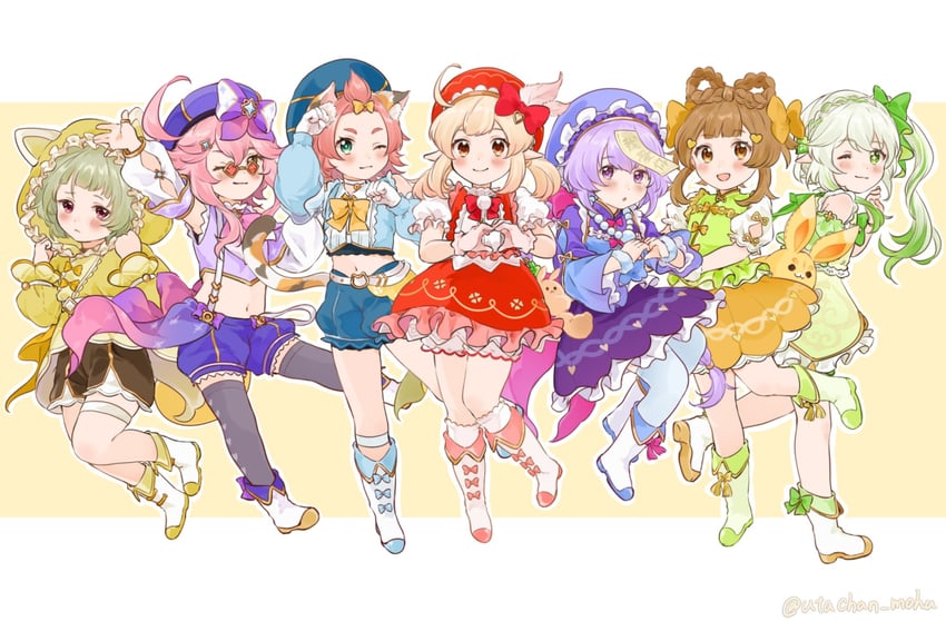 nahida, klee, qiqi, dodoco, diona, and 4 more (genshin impact) drawn by uta_yomogi