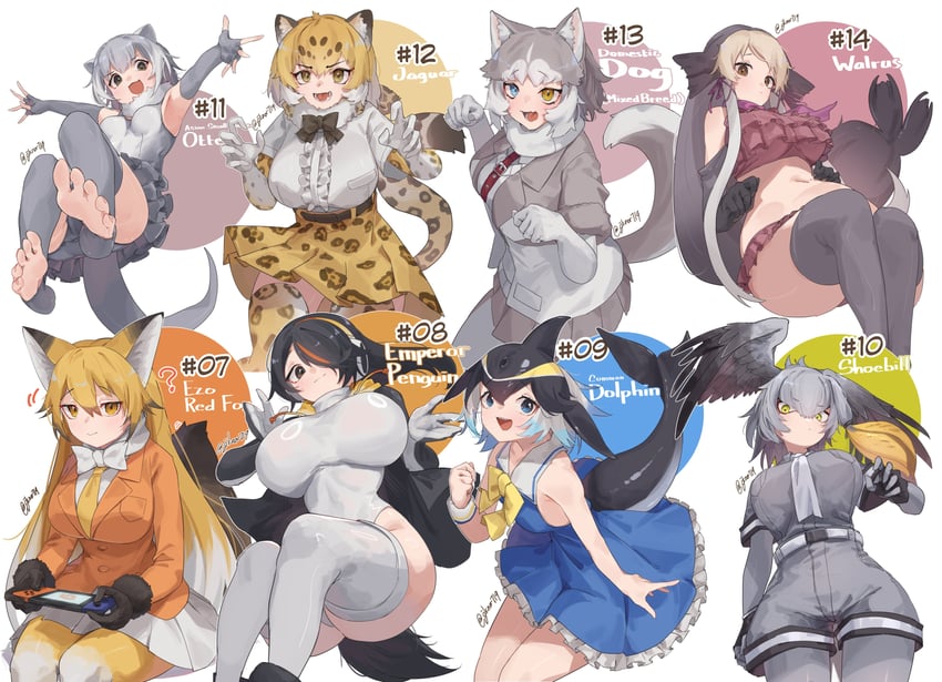 shoebill, ezo red fox, emperor penguin, jaguar, small-clawed otter, and 3 more (kemono friends) drawn by jknor