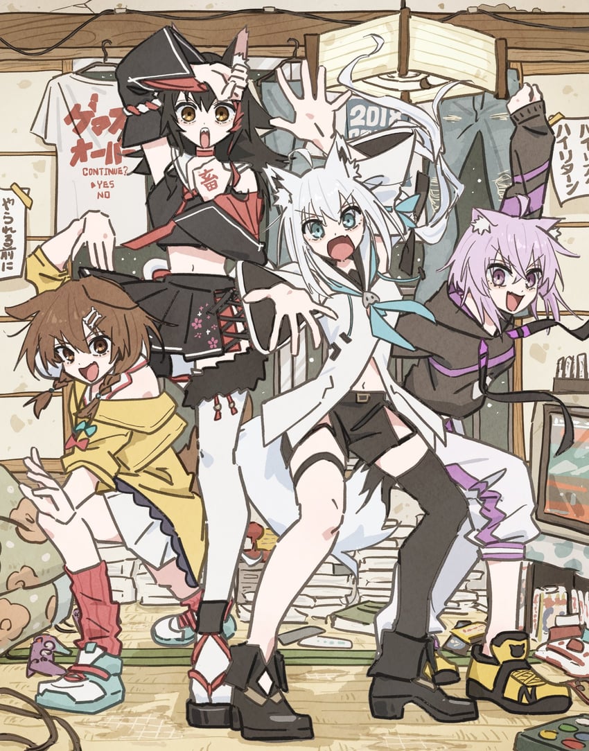 shirakami fubuki, nekomata okayu, ookami mio, and inugami korone (hololive) drawn by tauyoshi728