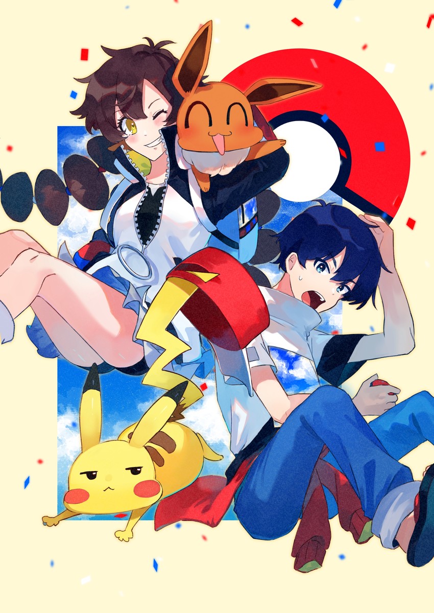 pikachu, eevee, gotcha! girl, and gotcha! boy (pokemon and 1 more) drawn by seno_azana
