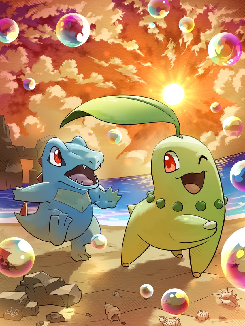 chikorita and totodile (pokemon and 2 more) drawn by yamaori_(hakkentai_pokedan)