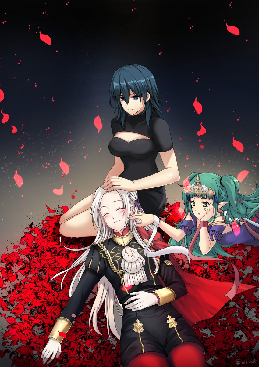 female byleth, edelgard von hresvelg, and sothis (fire emblem and 1 more) drawn by mizonaki
