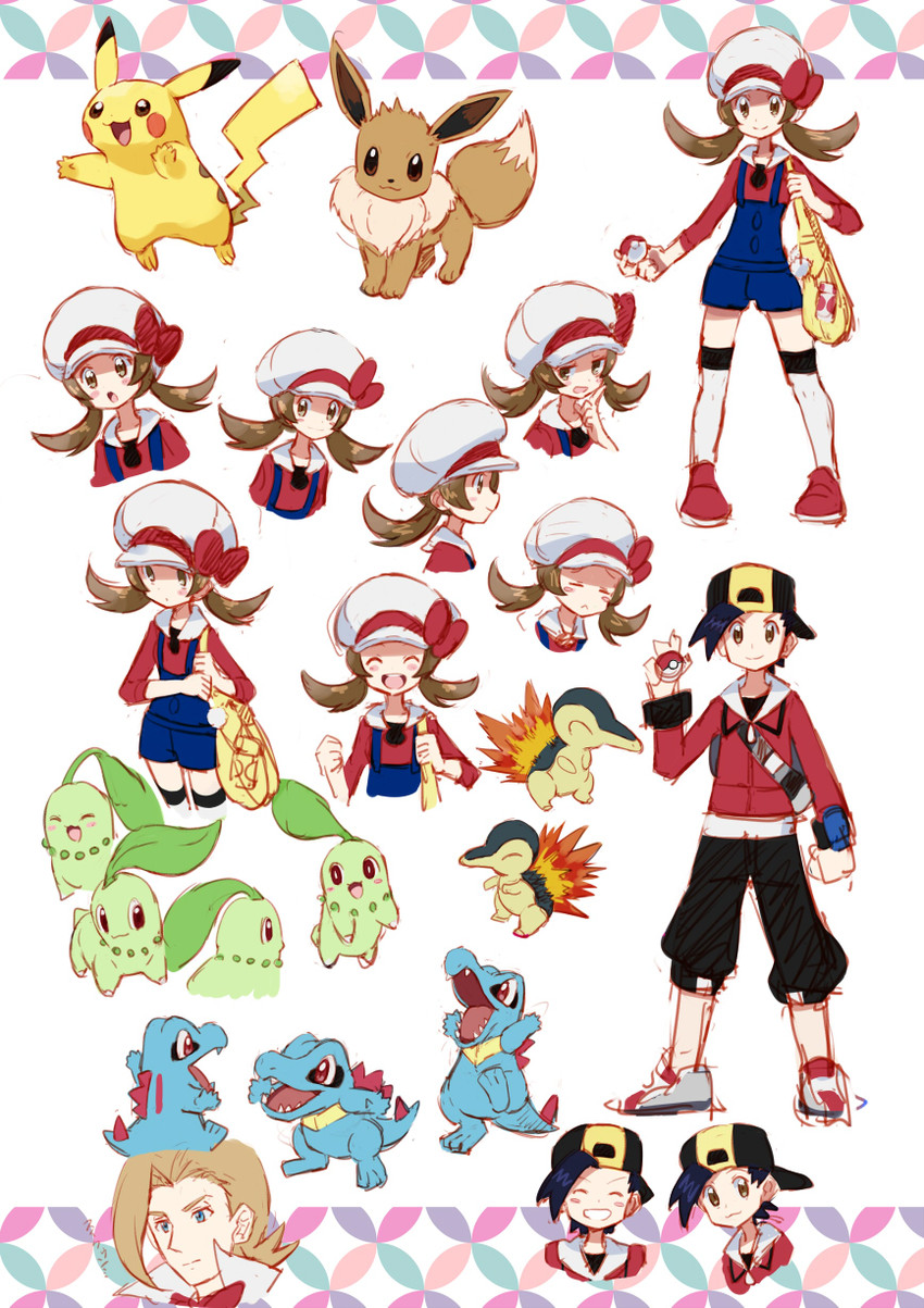 pikachu, eevee, ethan, lyra, cyndaquil, and 3 more (pokemon and 1 more) drawn by kingin