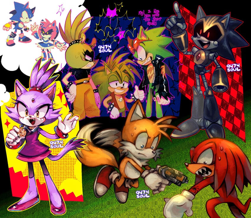 sonic the hedgehog, blaze the cat, tails, knuckles the echidna, surge the tenrec, and 4 more (sonic and 2 more) drawn by 9474s0ul