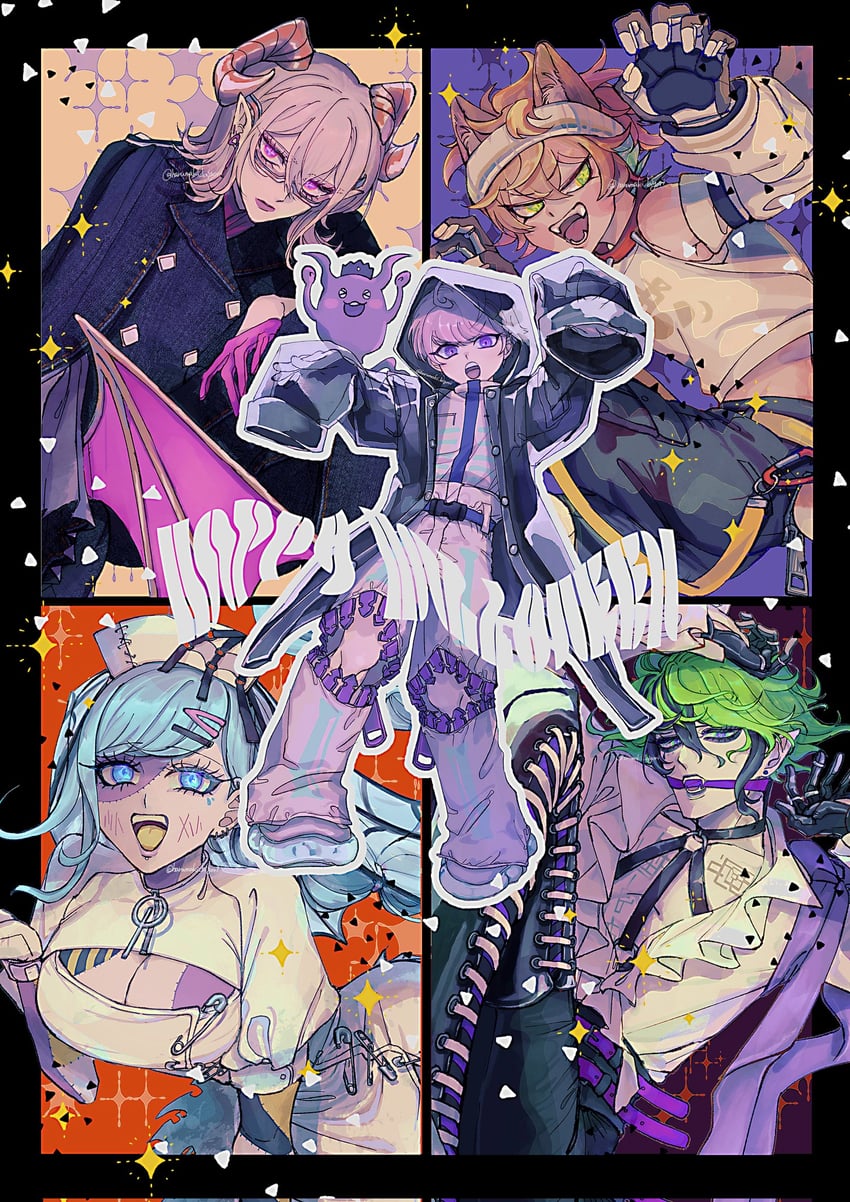 yuma kokohead, shinigami, halara nightmare, vivia twilight, desuhiko thunderbolt, and 1 more (master detective archives: rain code) drawn by fuyaharu