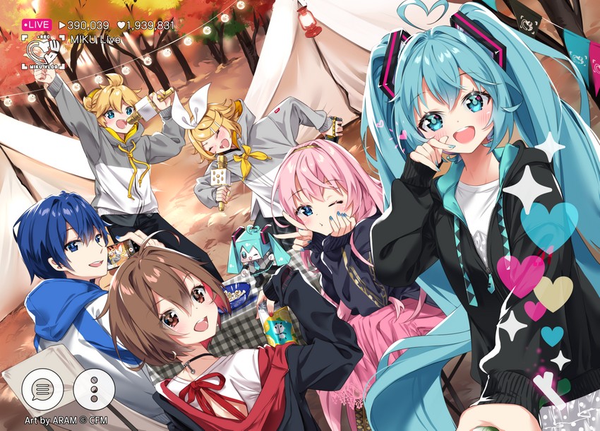 hatsune miku, kagamine rin, kagamine len, megurine luka, kaito, and 1 more (vocaloid) drawn by arami_o_8