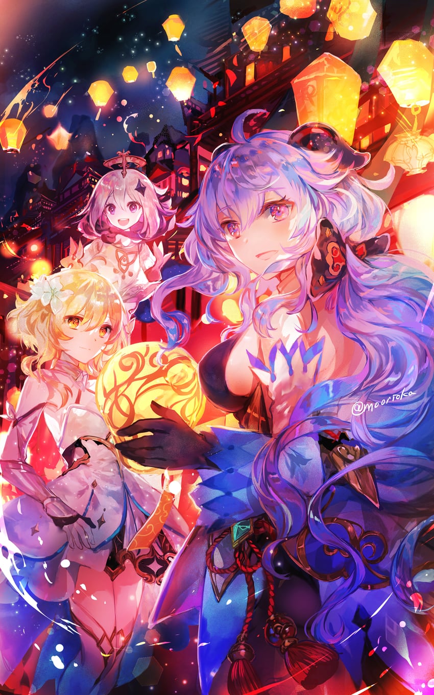ganyu, lumine, and paimon (genshin impact) drawn by rioka_(southern_blue_sky)