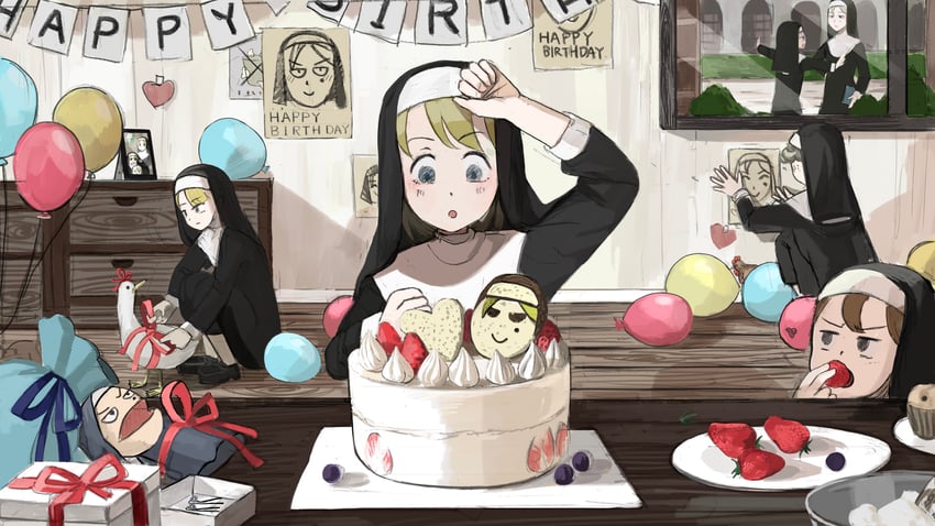 clumsy nun, froggy nun, spicy nun, strict nun, sheep nun, and 1 more (little nuns) drawn by diva_(hyxpk)
