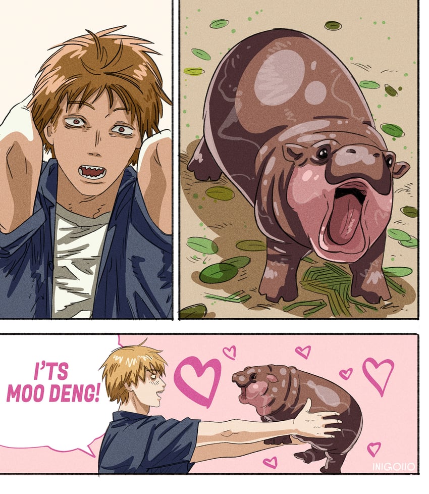 denji and moo deng (chainsaw man and 1 more) drawn by inigoiio