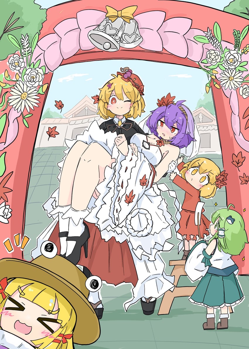 kochiya sanae, moriya suwako, yasaka kanako, aki minoriko, and aki shizuha (touhou) drawn by tatutaniyuuto