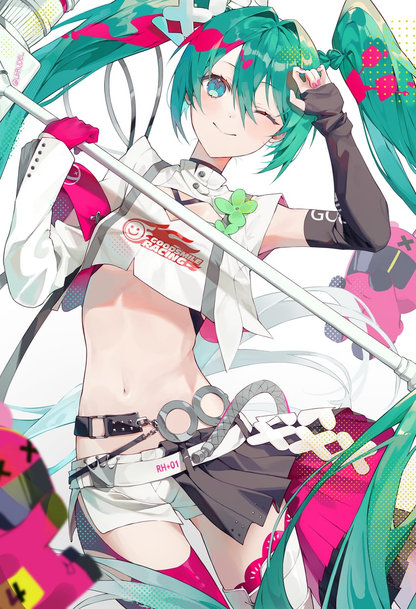 hatsune miku and racing miku (vocaloid and 1 more) drawn by lerudel