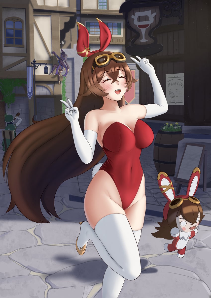 mona, venti, amber, and baron bunny (genshin impact) drawn by iceringer