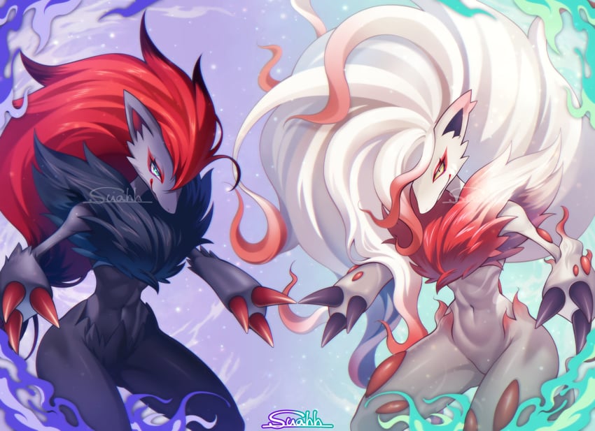 zoroark and hisuian zoroark (pokemon) drawn by suahh
