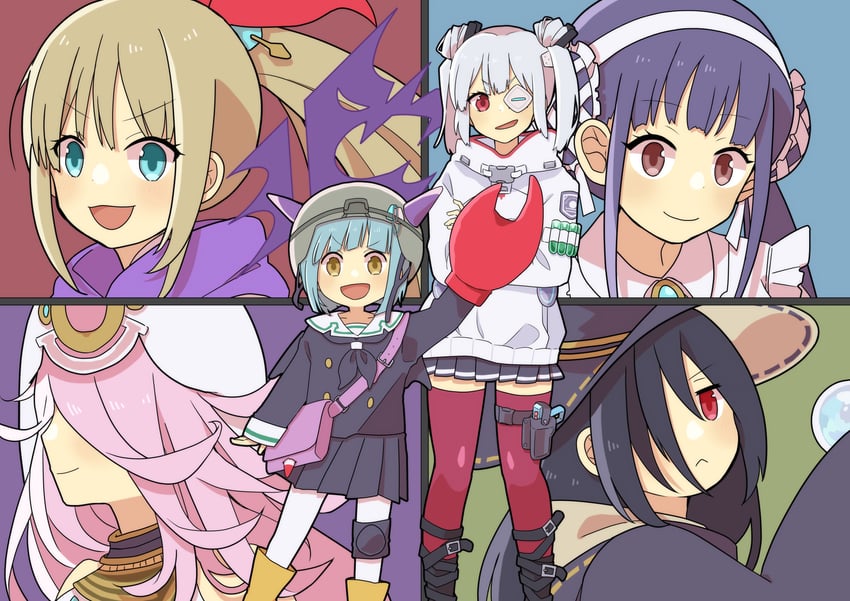 satsuki mari, kanzaki adelheid, yamawaki bon ivar, bungo yayoi, sakuraba seira, and 1 more (heaven burns red) drawn by hachiji_(6hachiji5)