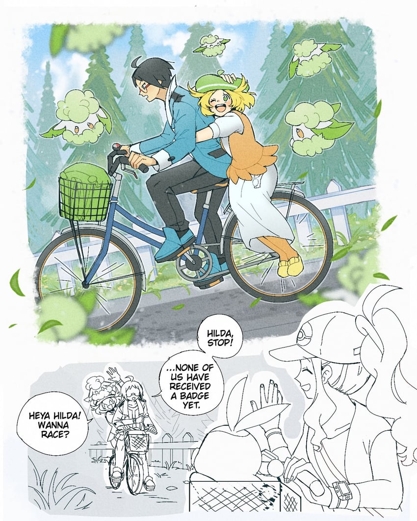 hilda, bianca, tepig, cheren, and cottonee (pokemon and 1 more) drawn by miiyokoe
