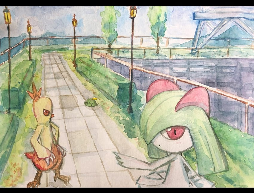 kirlia, gulpin, and combusken (pokemon) drawn by keishi_(pixiv_1245064)