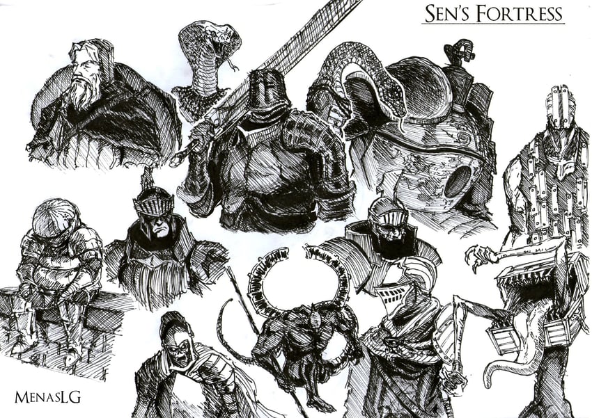 siegmeyer of catarina, mimic, iron tarkus, iron golem, titanite demon, and 3 more (dark souls and 1 more) drawn by menaslg