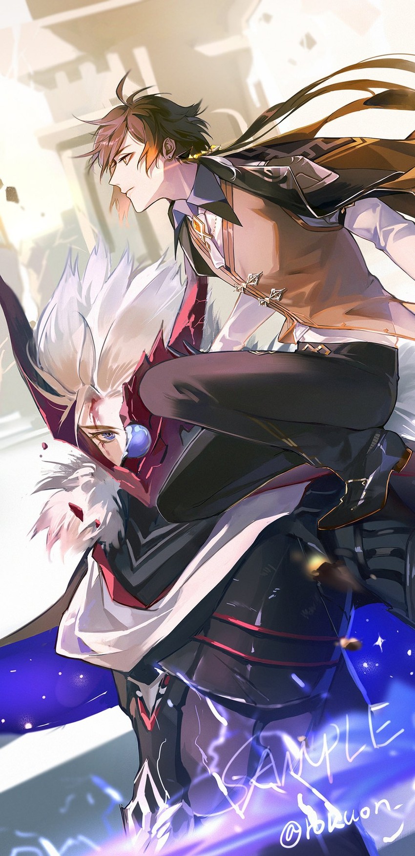 zhongli and tartaglia (genshin impact) drawn by rokuon