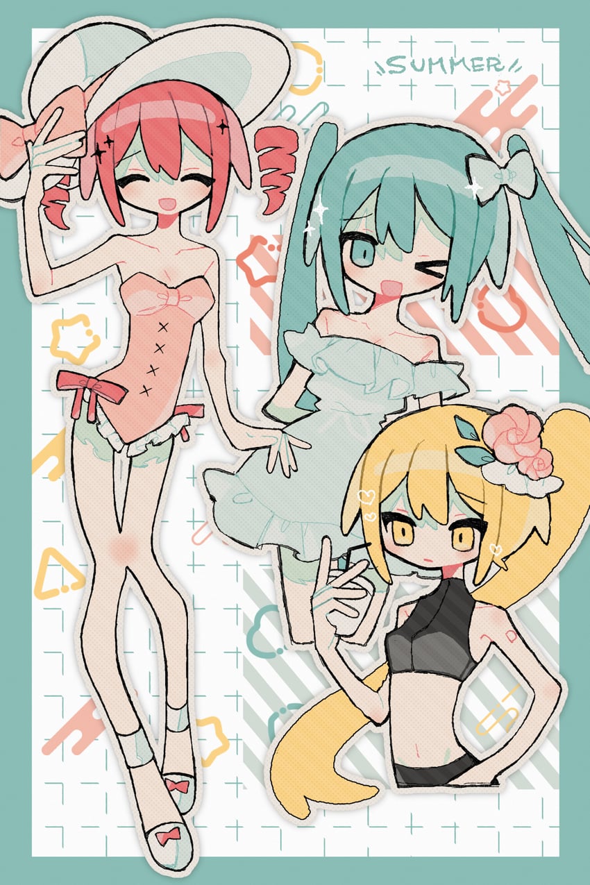 hatsune miku, kasane teto, and akita neru (vocaloid and 2 more) drawn by okashira_moppu