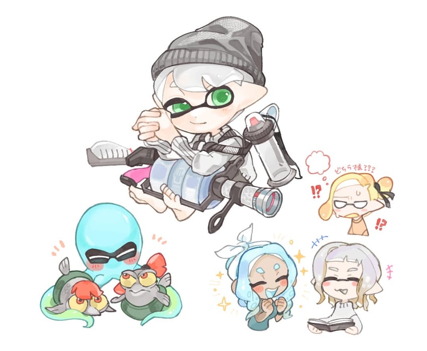 inkling player character, octoling player character, octoling girl, inkling boy, and smallfry (splatoon) drawn by spl8ya