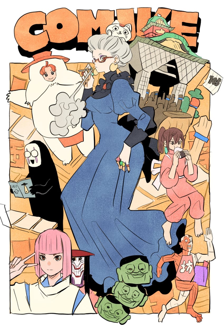 ayase momo, takakura ken, turbo granny, jiji, ogino chihiro, and 12 more (dandadan and 1 more) drawn by takeuchi_ryousuke