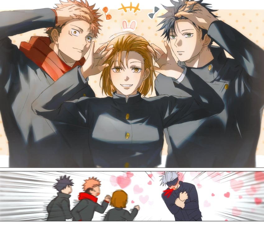 gojou satoru, itadori yuuji, fushiguro megumi, and kugisaki nobara (jujutsu kaisen) drawn by yoon_(dmsco1803)