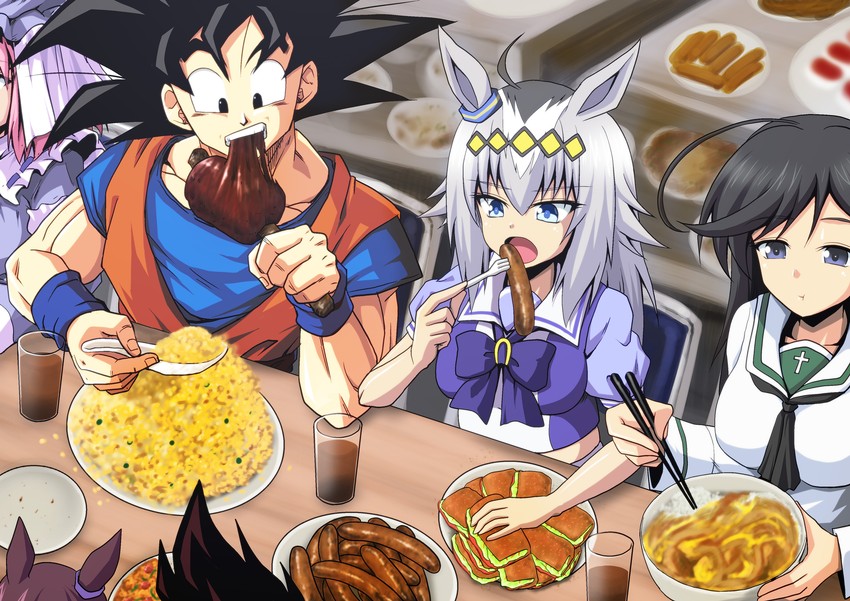 saigyouji yuyuko, son goku, special week, oguri cap, vegeta, and 1 more (touhou and 4 more) drawn by kamishima_kanon