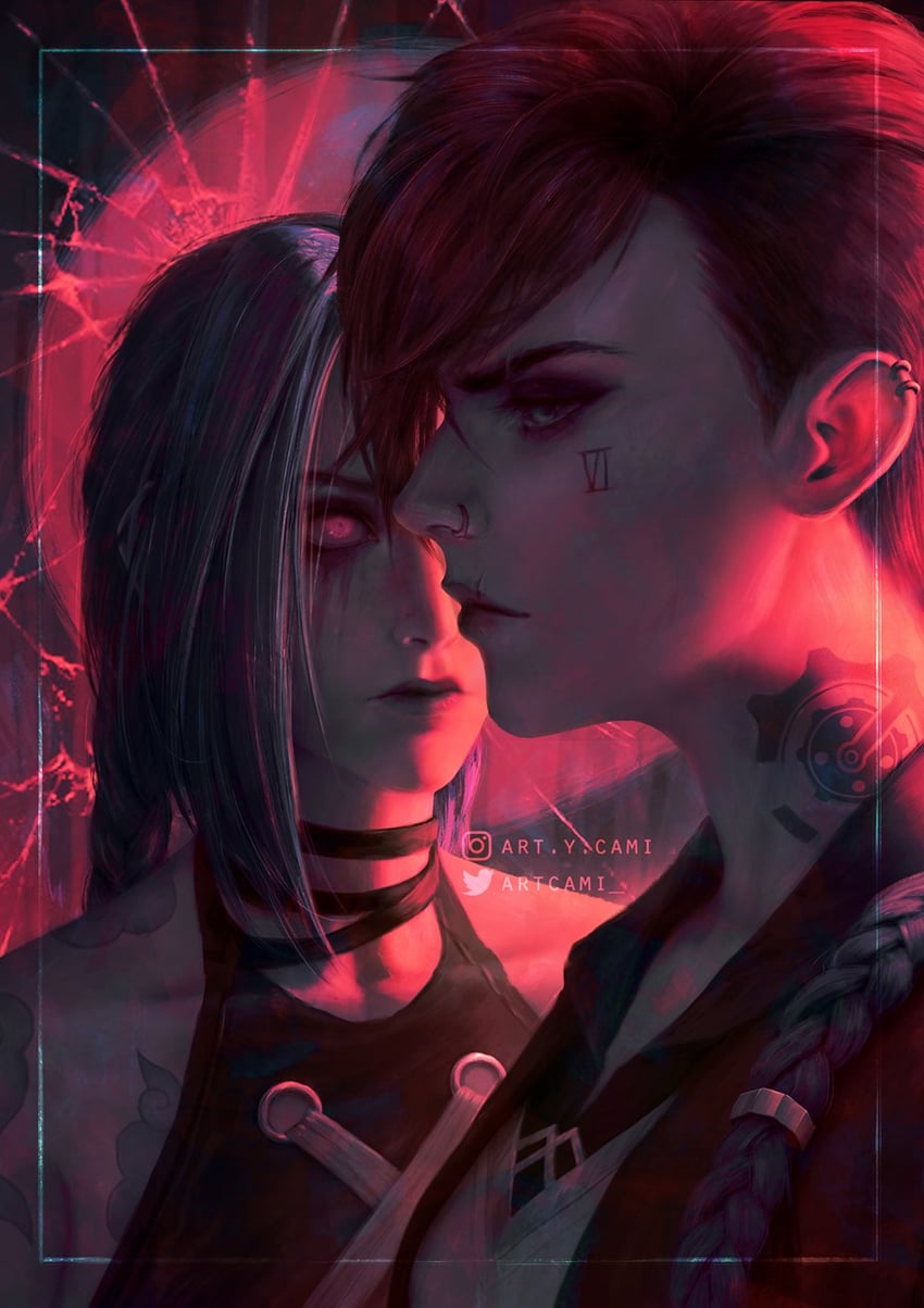 jinx, vi, arcane jinx, and arcane vi (league of legends and 1 more) drawn by artcami