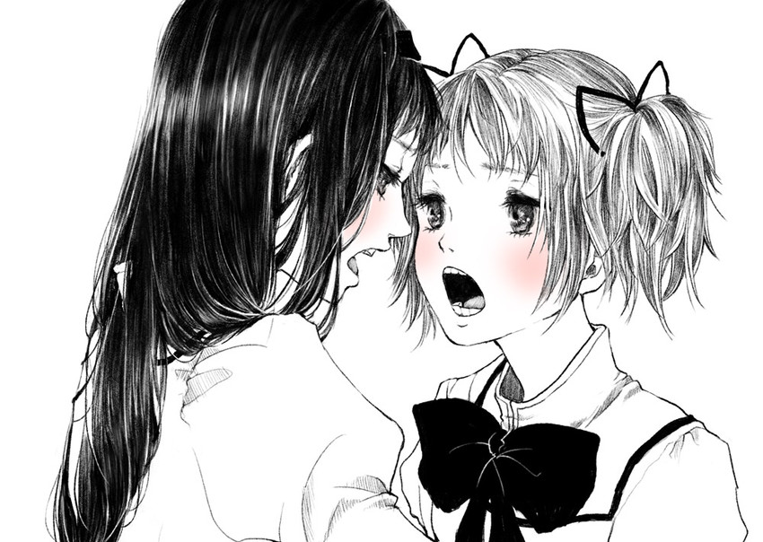 akemi homura and kaname madoka (mahou shoujo madoka magica) drawn by chakoro