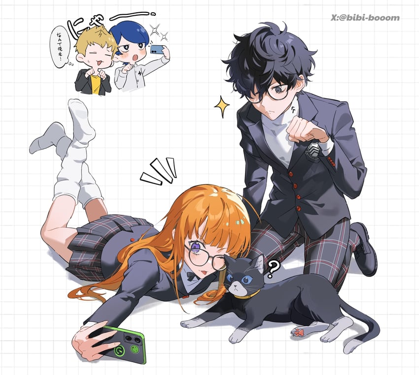 amamiya ren, sakura futaba, sakamoto ryuuji, morgana, and kitagawa yuusuke (persona and 1 more) drawn by bibi_booom