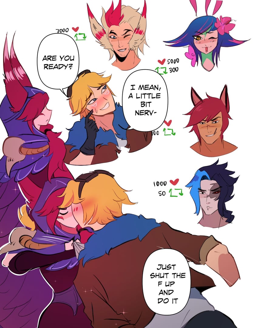 ezreal, xayah, neeko, sett, kayn, and 1 more (league of legends) drawn by aleriy
