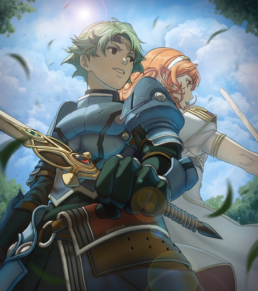 celica and alm (fire emblem and 1 more) drawn by maze_draws
