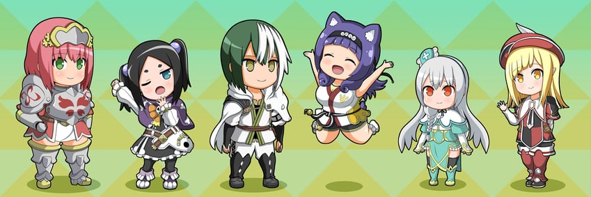 tokishikko dana, hitamu kyan, hanabata nohkins, maidena angers, kikuru madan, and 1 more (futoku no guild) drawn by magyo