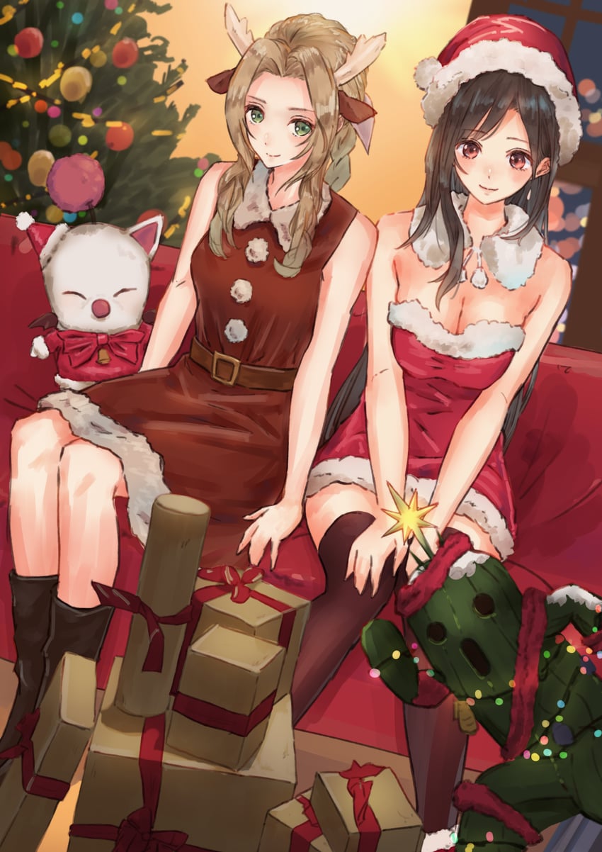 tifa lockhart, aerith gainsborough, moogle, and sabotender (final fantasy and 2 more) drawn by shimamiyako