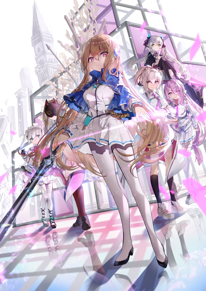 shirakawa yuina, kiryuu miya, ogasawara hisame, kura satomi, tsukishiro monaka, and 1 more (heaven burns red) drawn by hieno_hiro