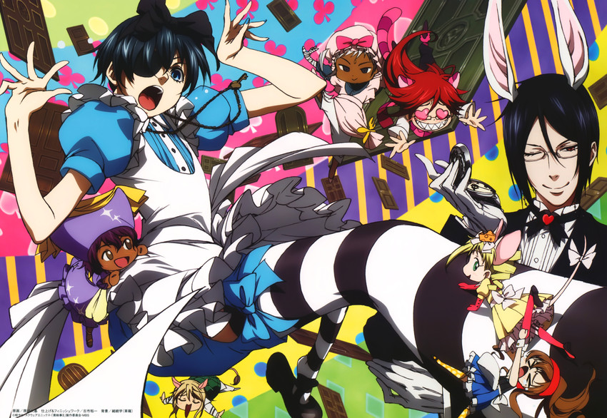 ciel phantomhive, sebastian michaelis, grell sutcliff, meirin, elizabeth ethel cordelia midford, and 2 more (kuroshitsuji)