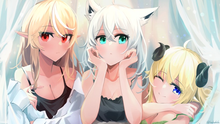 shirakami fubuki, shiranui flare, and tsunomaki watame (hololive) drawn by iwahada