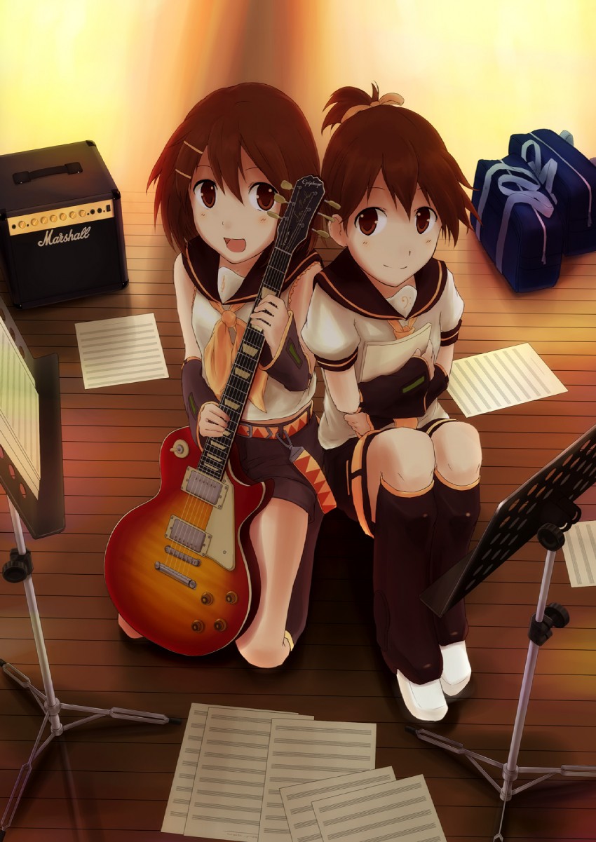 kagamine rin, kagamine len, hirasawa yui, and hirasawa ui (vocaloid and 1 more) drawn by hirobakar