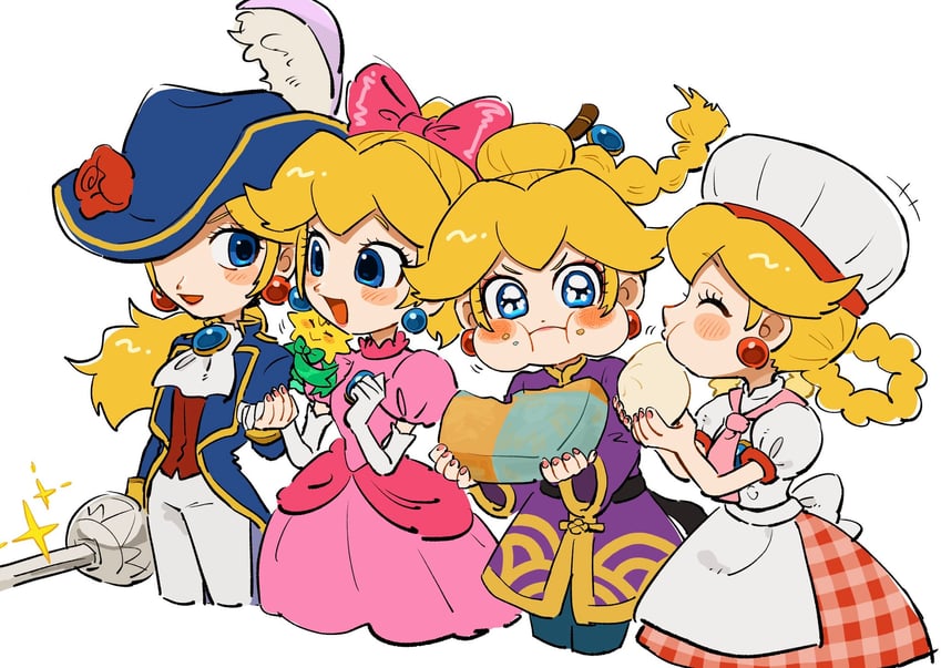princess peach, swordfighter peach, stella, patissiere peach, and kung fu peach (mario and 1 more) drawn by mimimi_(mimimim9999)