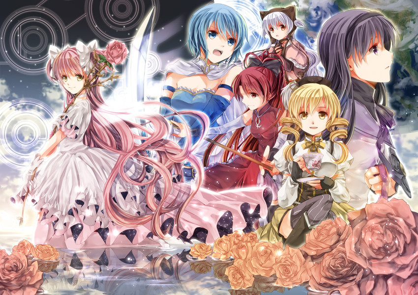 akemi homura, kaname madoka, miki sayaka, sakura kyoko, tomoe mami, and 2 more (mahou shoujo madoka magica and 1 more) drawn by iroha_(shiki)