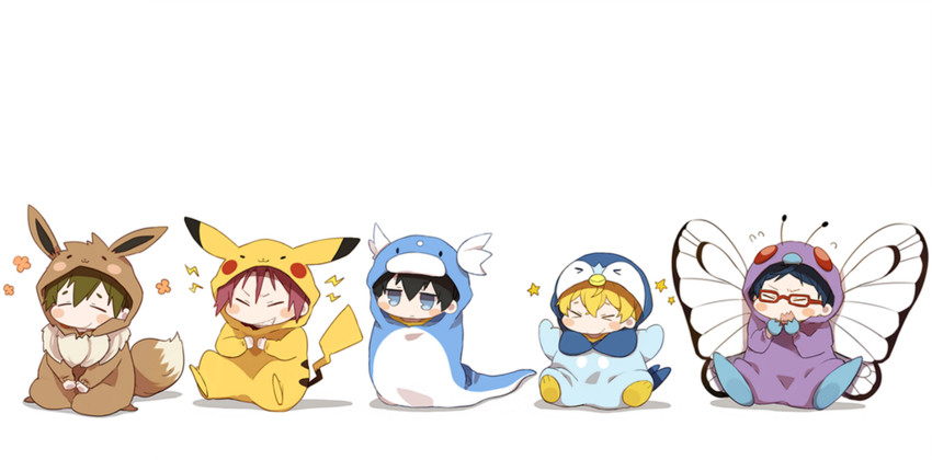 pikachu, eevee, piplup, butterfree, tachibana makoto, and 5 more (pokemon and 1 more) drawn by mukkun