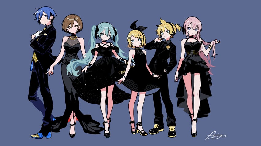 hatsune miku, kagamine rin, kagamine len, megurine luka, kaito, and 1 more (vocaloid) drawn by ameniwa