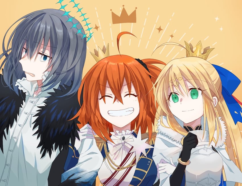 artoria pendragon, fujimaru ritsuka, artoria caster, and oberon (fate and 1 more) drawn by kokiya