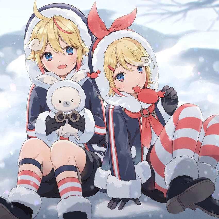 kagamine rin, kagamine len, rabbit yukine, yuki rin, and yuki len (vocaloid) drawn by ashika_(yftcc948)