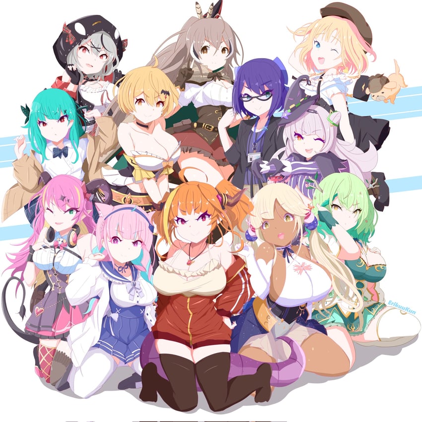 nanashi mumei, minato aqua, watson amelia, sakamata chloe, ceres fauna, and 8 more (hololive and 1 more) drawn by erikuukun