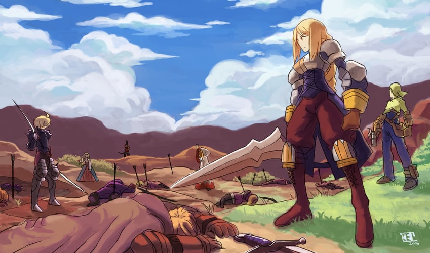 agrias oaks, ramza beoulve, white mage, knight, archer, and 2 more (final fantasy and 1 more) drawn by kelzero