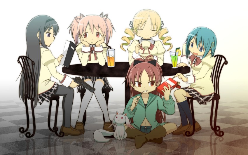 akemi homura, kaname madoka, miki sayaka, sakura kyoko, tomoe mami, and 1 more (mahou shoujo madoka magica) drawn by shiroi_karasu